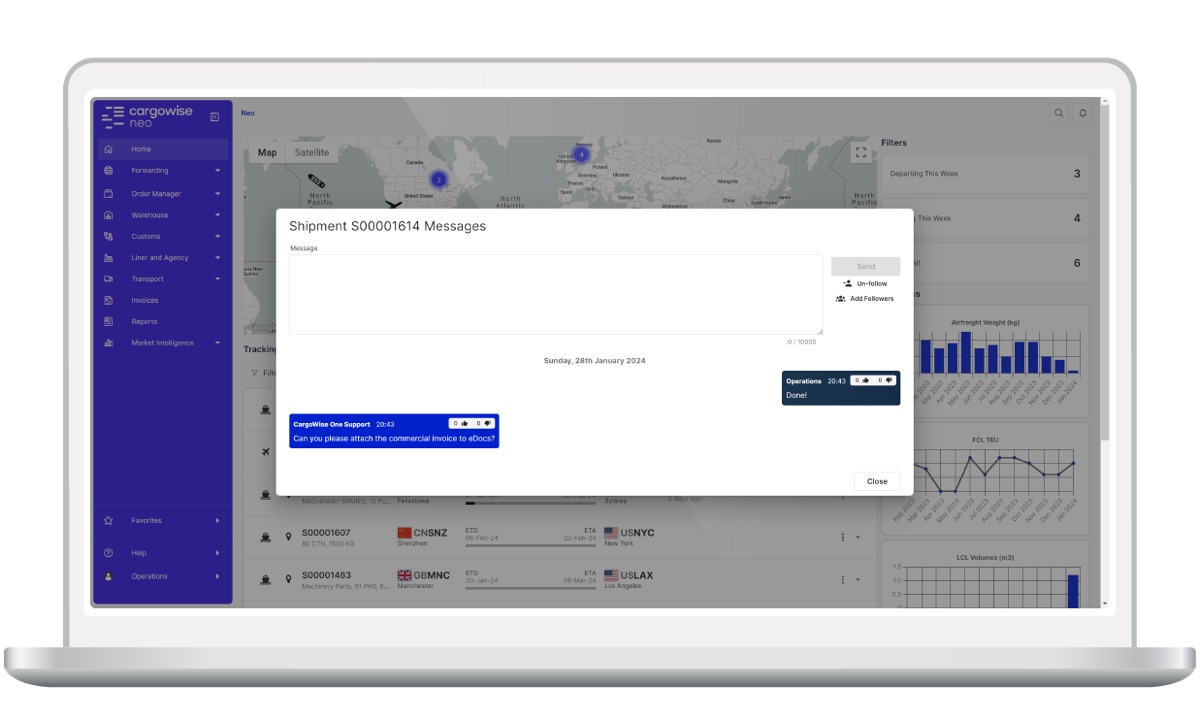CargoWise Neo shipment messages panel showing a conversation thread on shipment S00001614, layered over the Home dashboard map and airfreight statistics