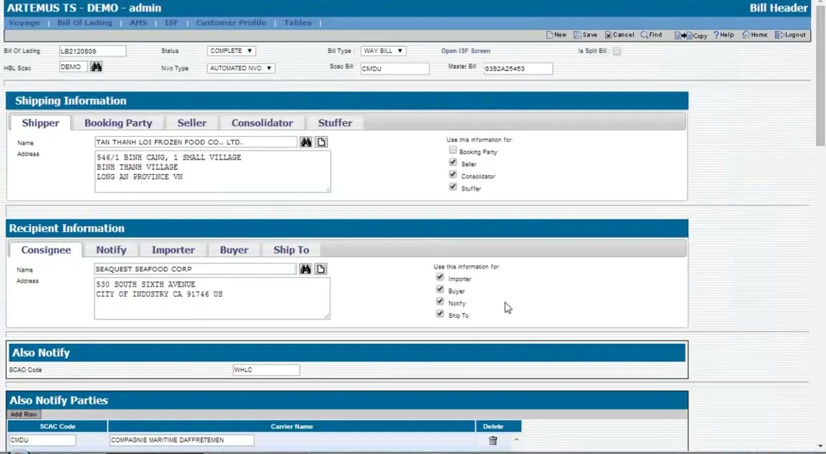Artemus AMS bill header screen showing a completed ocean manifest bill of lading with shipper, consignee, master bill and SCAC codes, an Also Notify Parties table, and AMS and ISF tabs in the top navigation