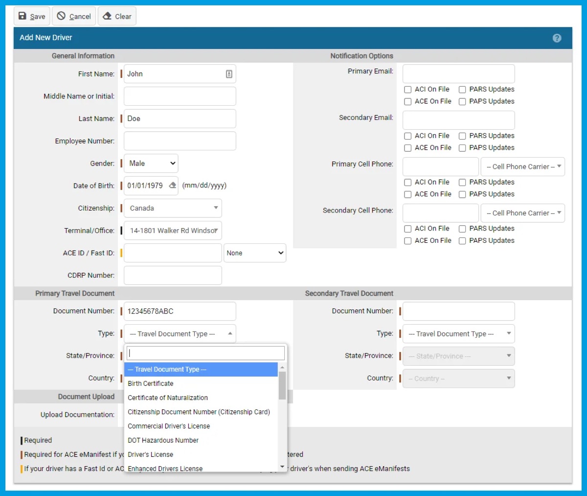 CustomsCity Add New Driver form capturing general information, notification options, and primary and secondary travel document fields for ACE eManifest filing