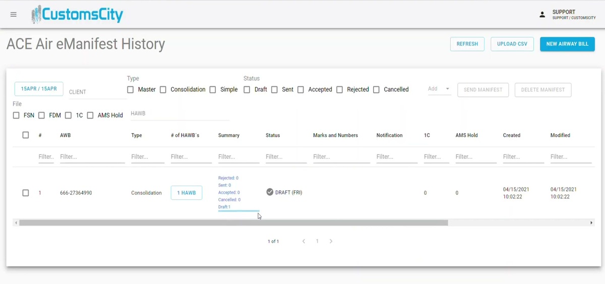 CustomsCity ACE Air eManifest History dashboard listing an air waybill filing with type, status, AMS Hold and notification columns, plus Send Manifest and New Airway Bill actions