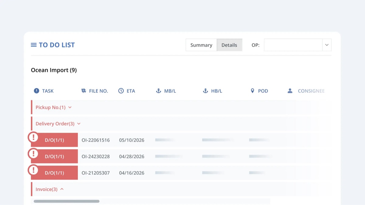 GoFreight To Do List showing outstanding Ocean Import tasks including pickup numbers and delivery orders with file numbers and ETAs