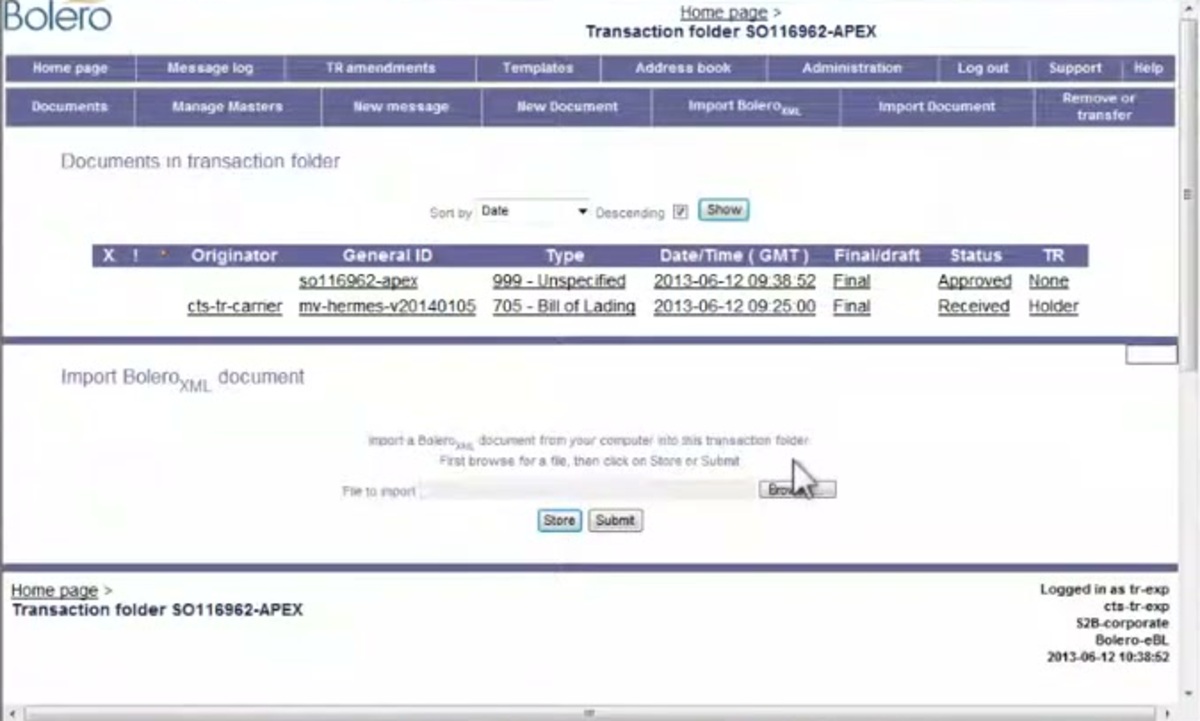 Bolero eBL transaction folder listing a 705 Bill of Lading as a final document with Approved and Received status and the current title holder shown, inside the Bolero-eBL document workspace