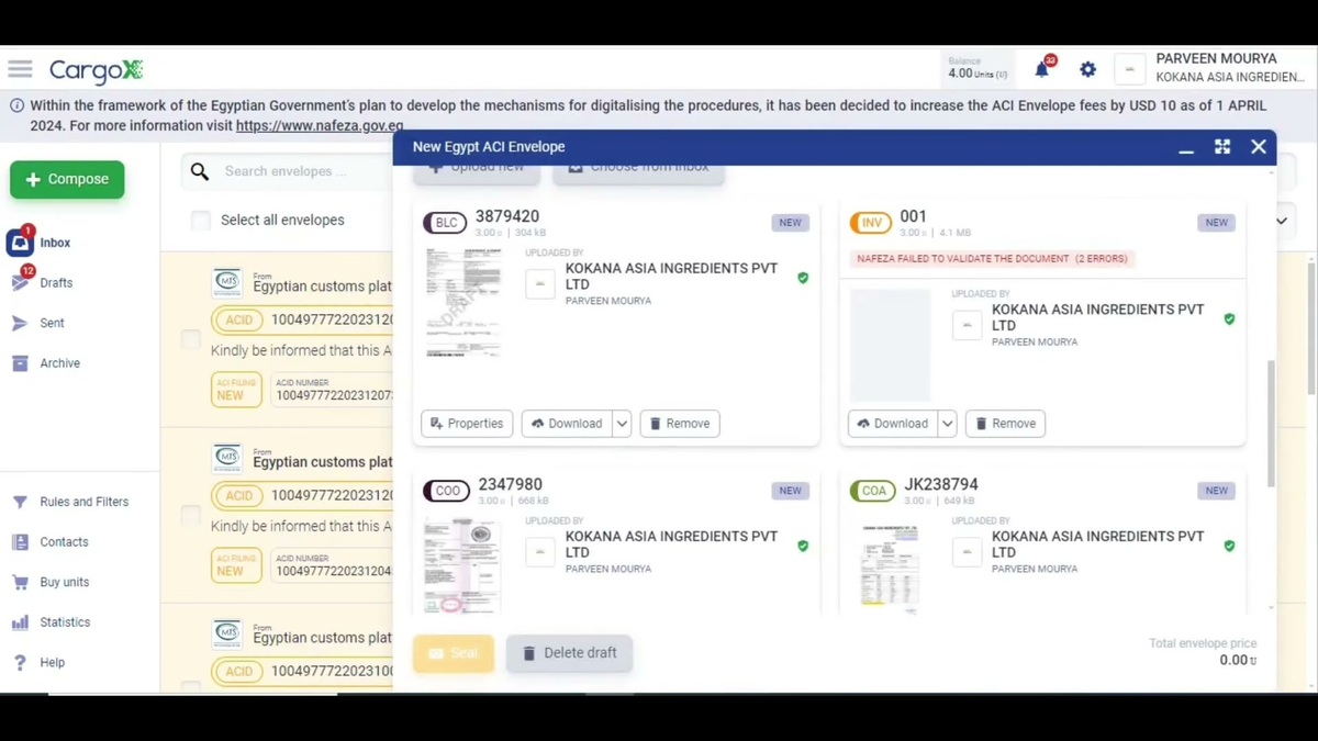 CargoX envelope builder with a bill of lading, invoice, certificate of origin and certificate of analysis attached and a Seal action, inside the Compose and Inbox document workspace