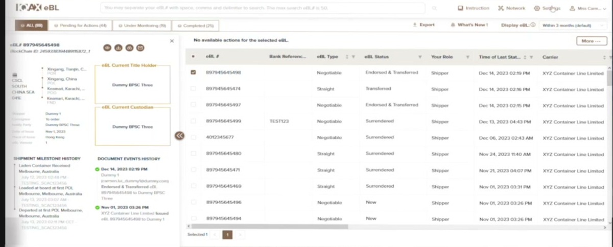 IQAX eBL dashboard listing electronic bills of lading by type (negotiable or straight) and status such as endorsed, transferred and surrendered, with a detail panel showing the current title holder, custodian and document event history