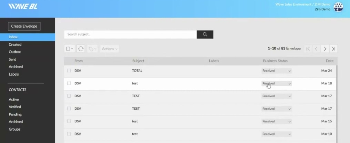 WaveBL envelope inbox showing received electronic bill of lading envelopes from DSV with their business status and dates, alongside the Create Envelope and Contacts sidebar