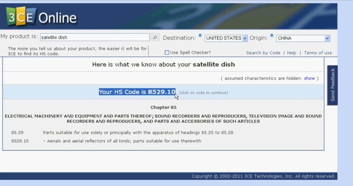 3CE Online classification tool returning HS code 8529.10 for a satellite dish, with the Chapter 85 heading and subheading breakdown