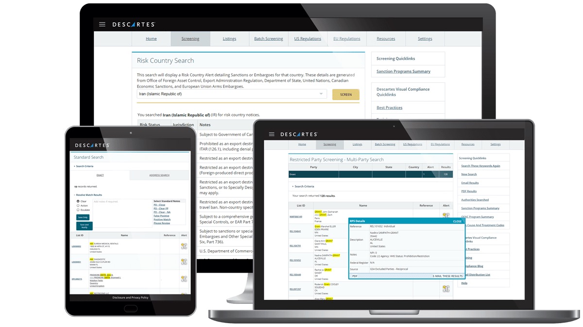 Descartes Denied Party Screening software shown across tablet, monitor and laptop screens, with a risk country search for Iran and a Restricted Party Screening multi-party search listing 128 results