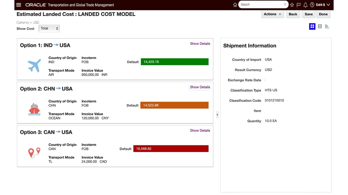 Oracle Global Trade Management Estimated Landed Cost screen comparing three sourcing options from India, China and Canada to the USA with incoterm, transport mode and invoice value