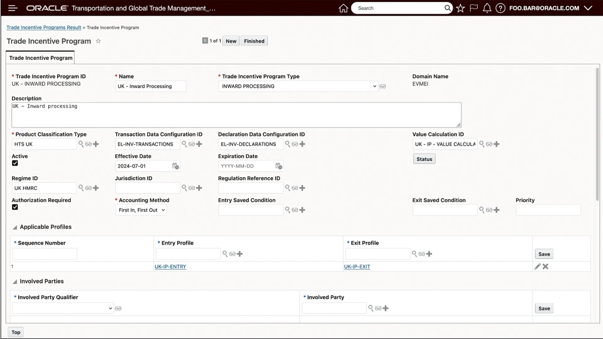 Oracle Global Trade Management Trade Incentive Program screen showing a UK inward processing program with classification type, effective and expiration dates, and entry and exit saved conditions