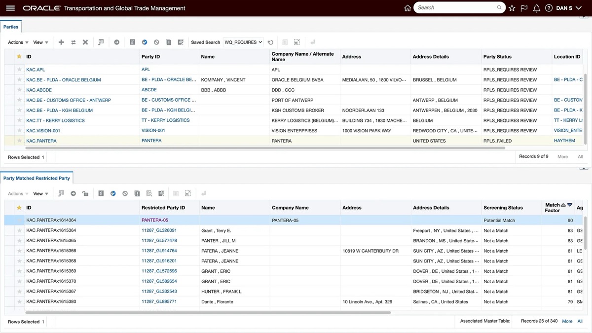 Oracle Global Trade Management Parties screen listing restricted-party screening results with match status, company names, addresses, and party status across multiple screening hits