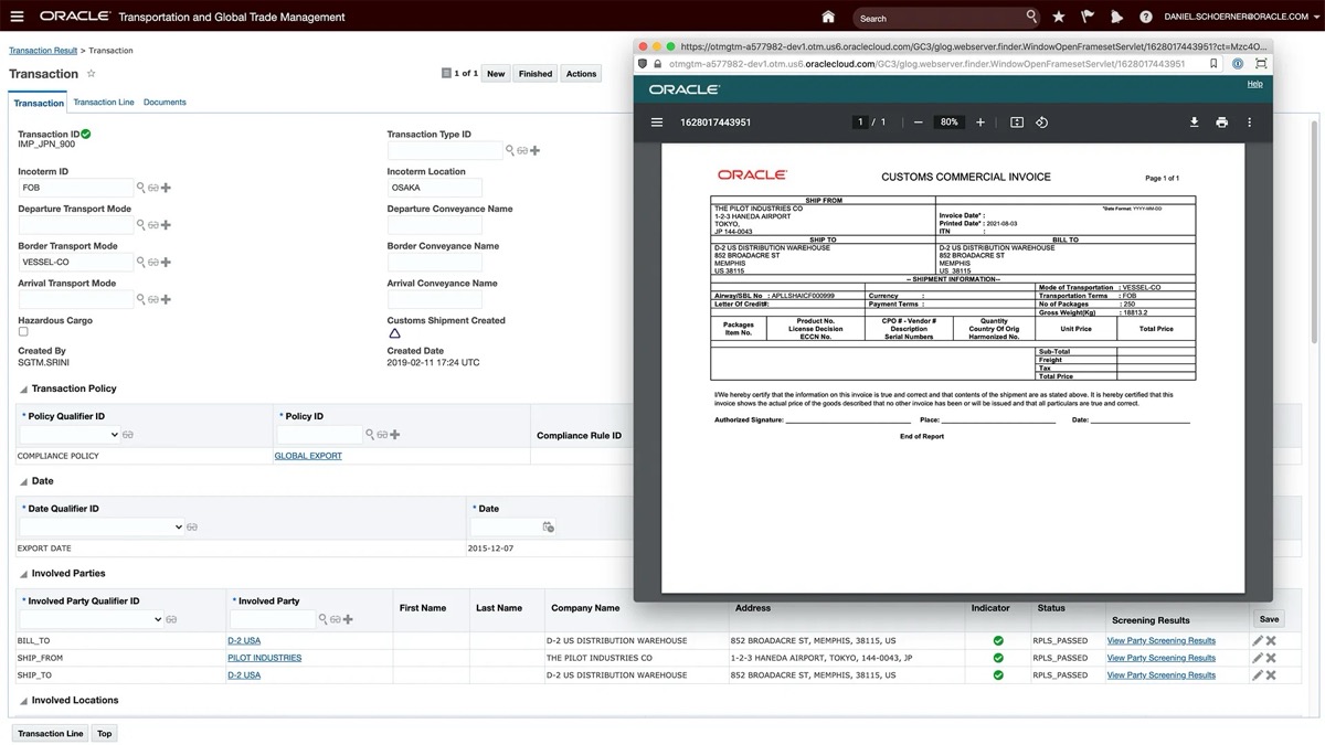 Oracle Global Trade Intelligence dashboard with bar charts for import declarations by declaration type and by month of import