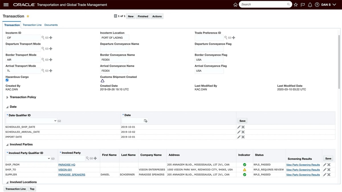 Oracle Global Trade Management customs commercial invoice document preview generated from a shipment record