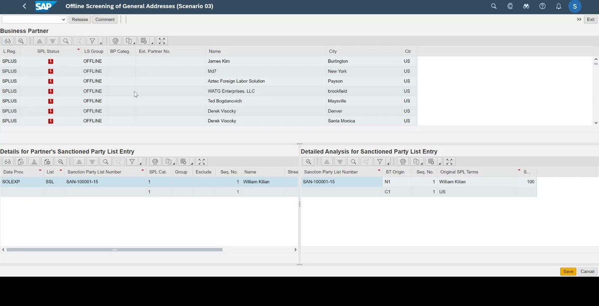 SAP Global Trade Services sanctioned-party-list screening screen showing business partners with SPL status hits and matched sanctioned party list entries
