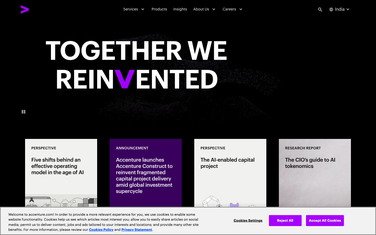 Accenture homepage showing its data and AI practice overview with industry case studies