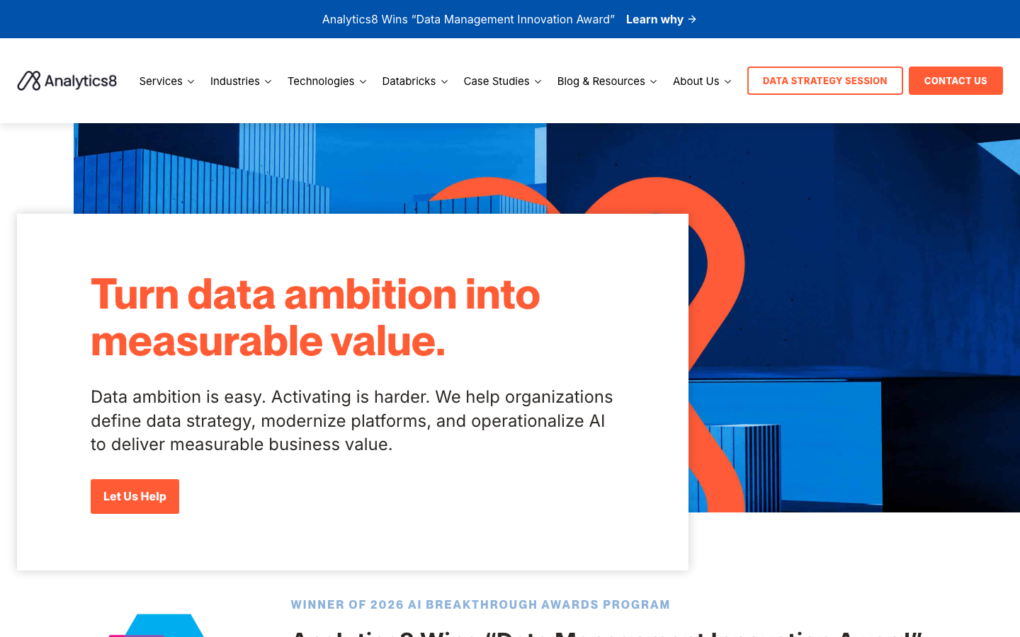 Analytics8 homepage showing its data strategy and BI consulting services