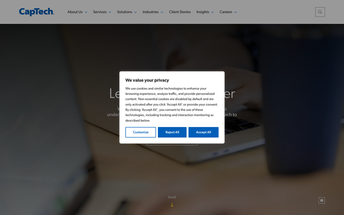 CapTech Consulting homepage showing its data and analytics practice and industry case studies
