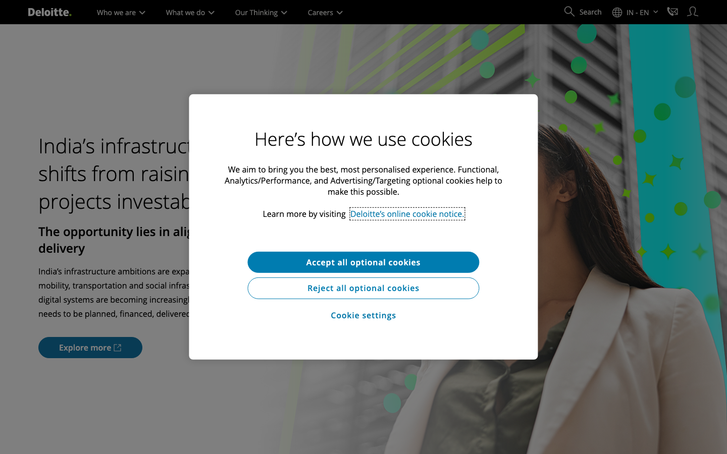 Deloitte homepage showing its data and AI consulting services and industry pages