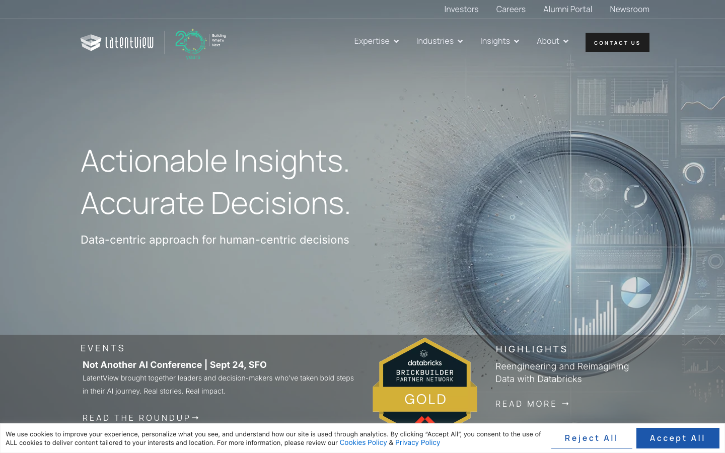 LatentView Analytics homepage showing its data engineering and analytics service overview with client logos and case study links