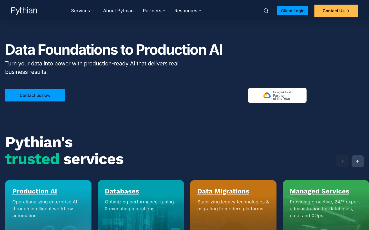Pythian homepage showing its database and cloud data infrastructure managed services