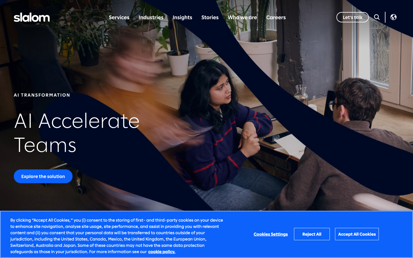 Slalom homepage showing its consulting practice areas including data and AI, cloud, and business transformation