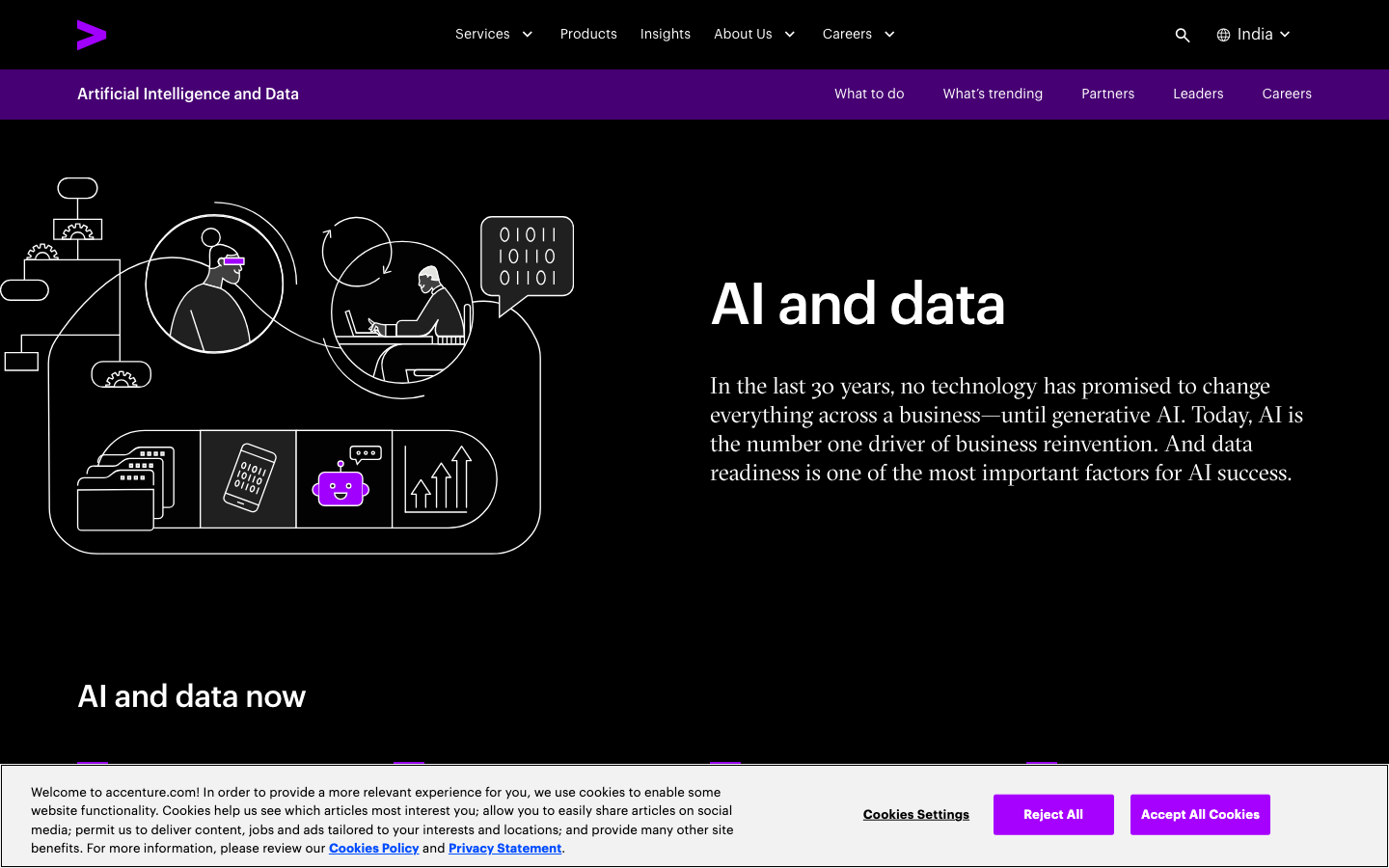 Accenture Data & AI services page describing enterprise data foundations and analytics offerings