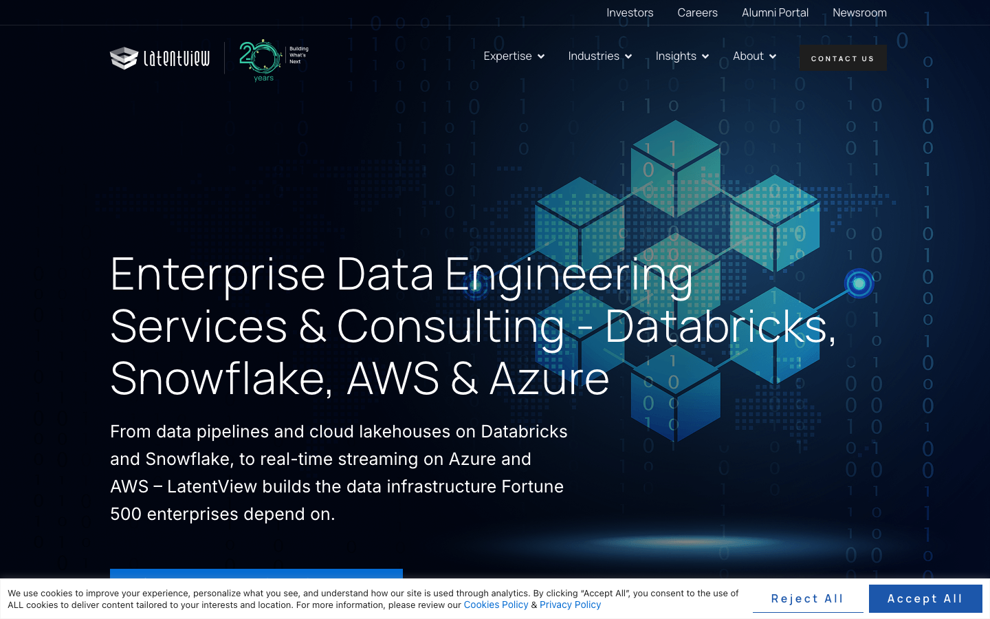 LatentView Analytics data engineering page describing data migration, platform modernization, and data quality solutions