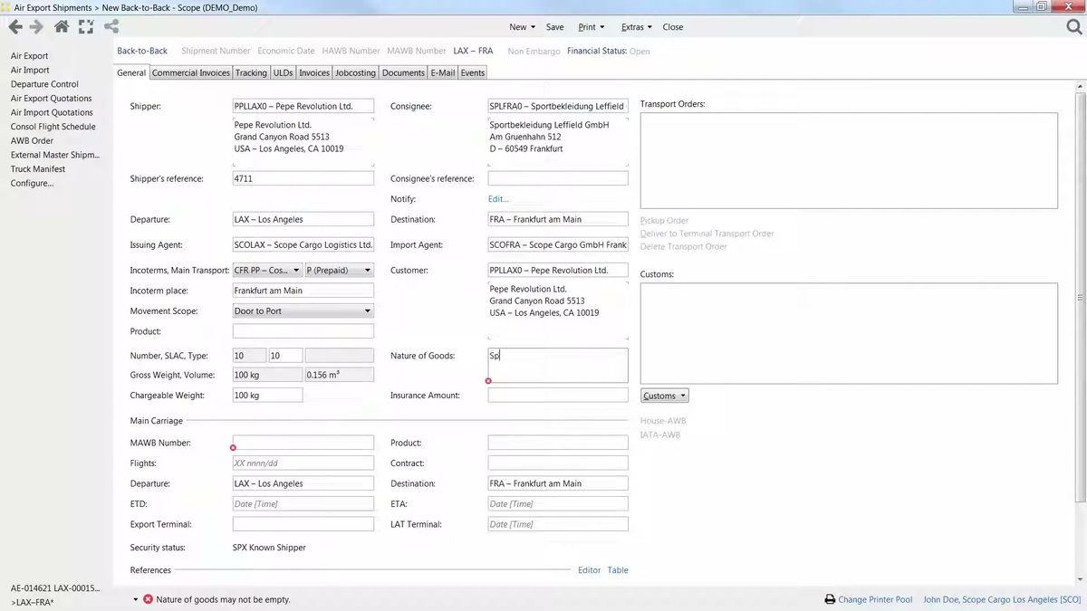 Riege Scope air export shipment screen with shipper and consignee details, LAX to Frankfurt routing, weight and MAWB fields, and a security status of SPX Known Shipper