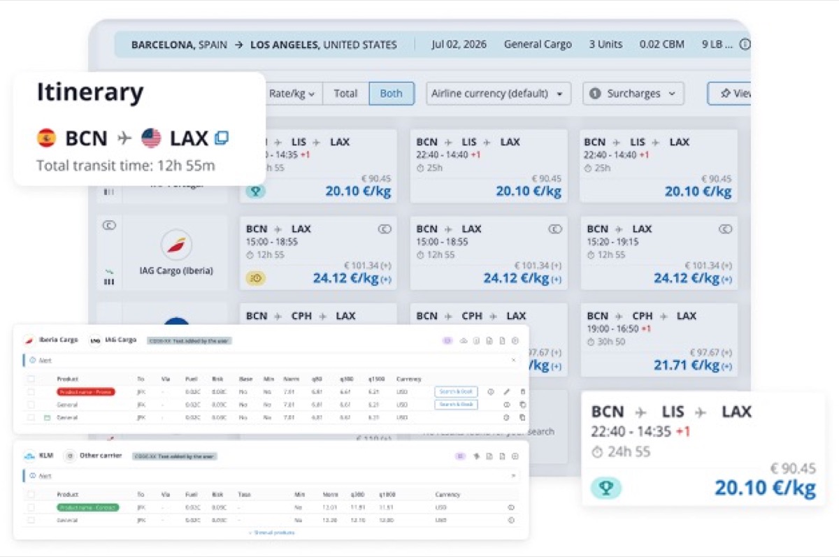 WebCargo by Freightos air rate search results for Barcelona to Los Angeles showing an itinerary panel with total transit time, and rate cards from Iberia Cargo and KLM by airline and product