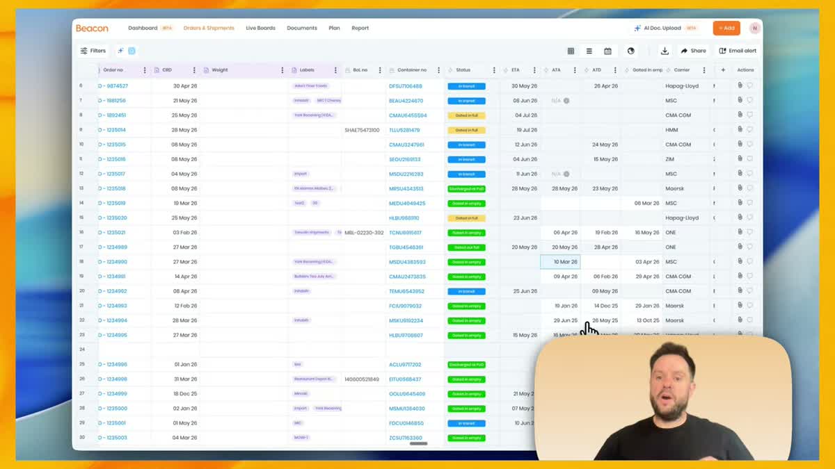 Beacon orders and shipments dashboard listing container shipments with order numbers, ETD and ETA dates, carrier names, and color-coded status tags such as In transit and Gated in empty