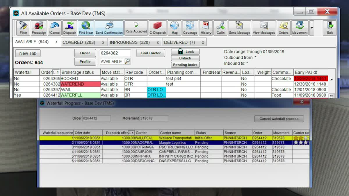 McLeod PowerBroker All Available Orders grid showing waterfall, order, and brokerage status columns, next to an open Waterfall Progress window listing sequenced dispatch offers to ranked carriers