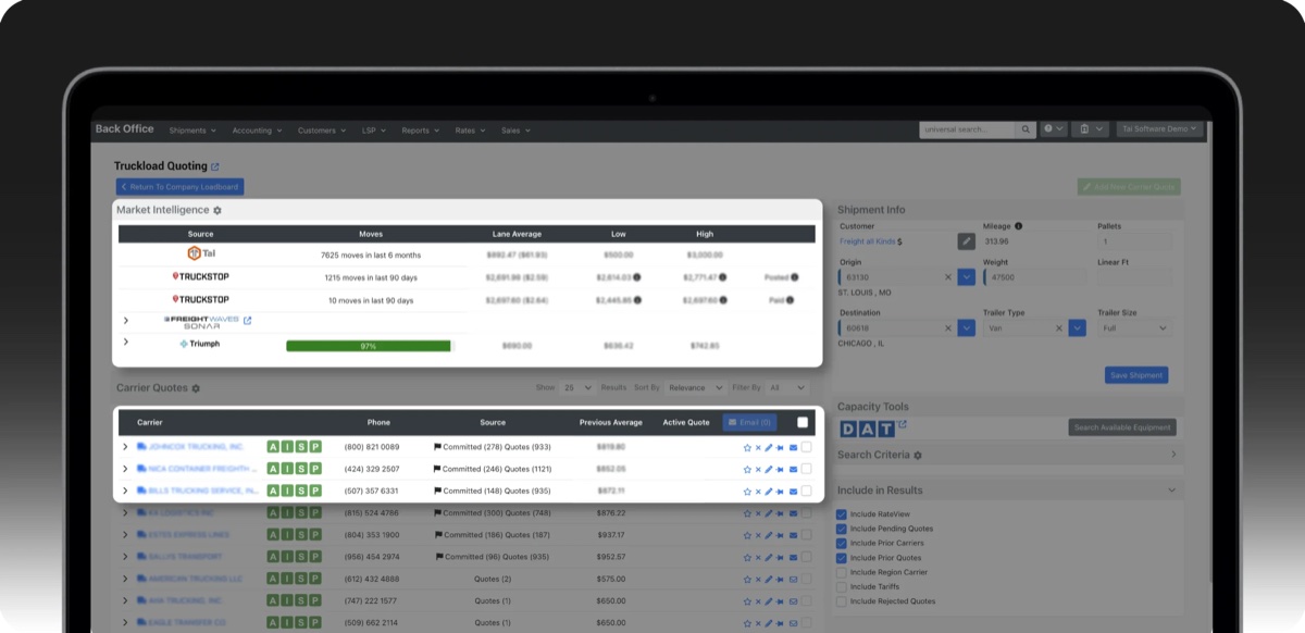 Tai TMS Back Office truckload quoting screen showing market intelligence rate benchmarks and a carrier quotes table with contact and quote details