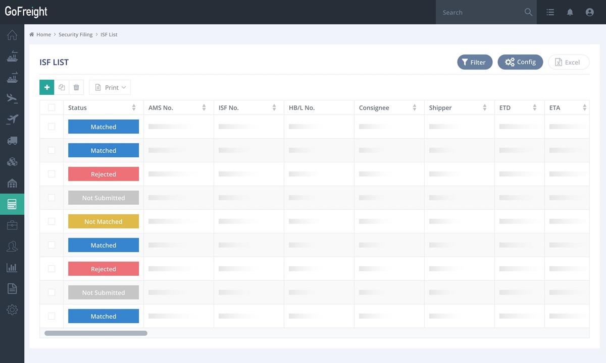 GoFreight ISF List screen showing AMS and ISF filing status such as Matched, Rejected and Not Submitted for a list of house bills