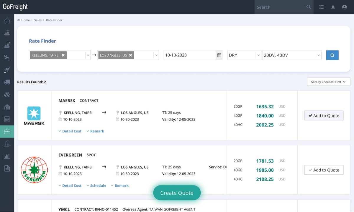 GoFreight Rate Finder screen showing ocean freight rate results from Maersk, Evergreen and YMCL with transit time, validity and Add to Quote buttons