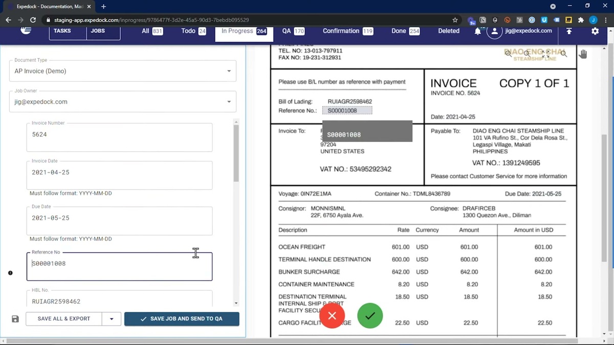 Expedock document-automation workspace with a job queue across todo, in progress, QA and done, an extracted-data form (invoice number, dates, reference and HBL) on the left, and the source freight invoice PDF on the right