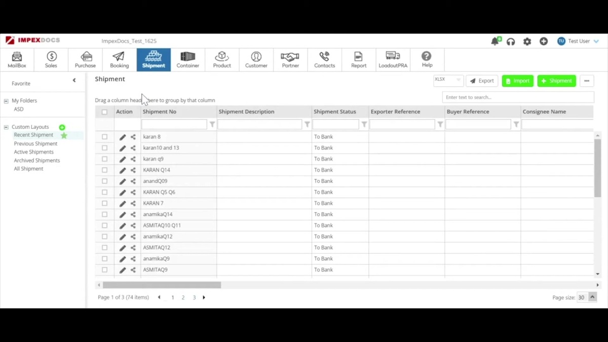 ImpexDocs shipment workspace with the module navigation (mailbox, sales, booking, shipment, container, product, customer) and a shipment grid listing shipment numbers, To Bank status, exporter reference, buyer reference and consignee name