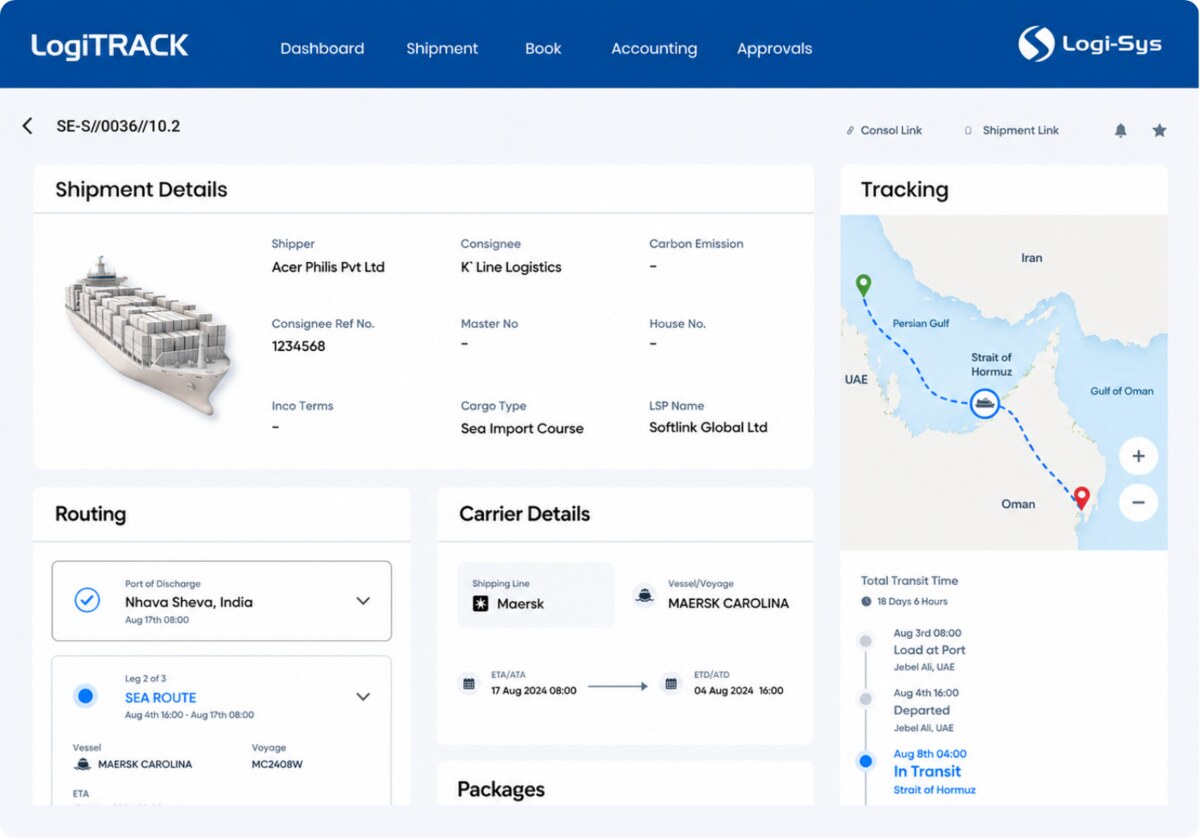 Logi-Sys shipment update screen with a LogiLENS AI overlay showing unstructured PDF invoices and packing lists being extracted into structured fields with a 98 percent confidence score