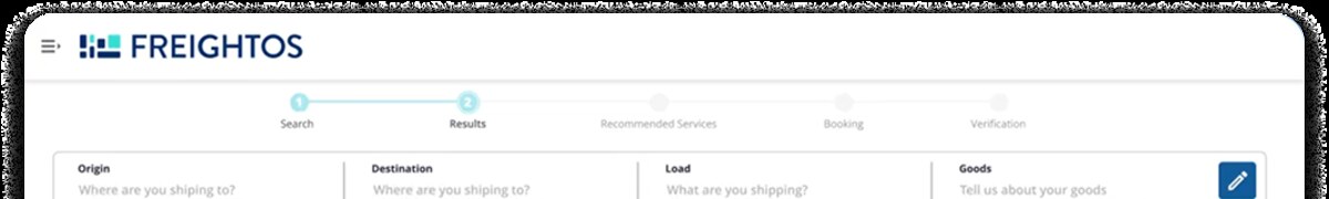Freightos.com marketplace booking flow stepper showing Search, Results, Recommended Services, Booking and Verification steps above origin, destination, load and goods search fields