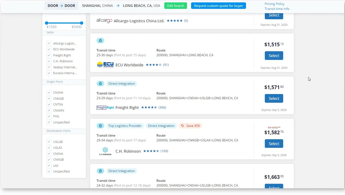 Freightos.com marketplace door-to-door ocean quotes from Shanghai to Long Beach comparing sellers, transit times, and prices with Select buttons for each quote