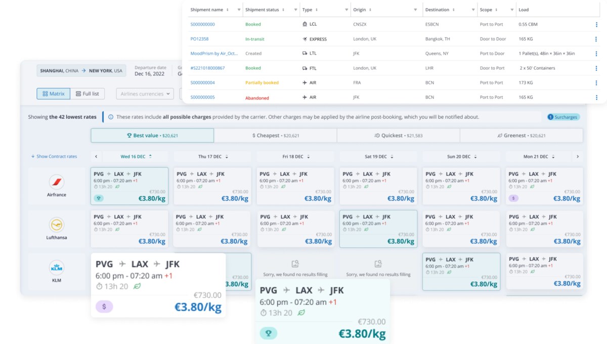 WebCargo air booking screen listing shipment booking statuses (Booked, In-transit, Partially booked, Abandoned) alongside a live 42-lowest-rates matrix for Air France, Lufthansa and KLM from Shanghai to New York