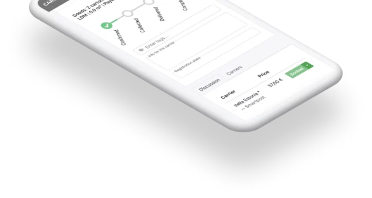 Cargoson mobile booking screen showing a 2-carton shipment with a Confirmed-to-Delivered status timeline and a carrier price of 37.50 euros from Itella Estonia