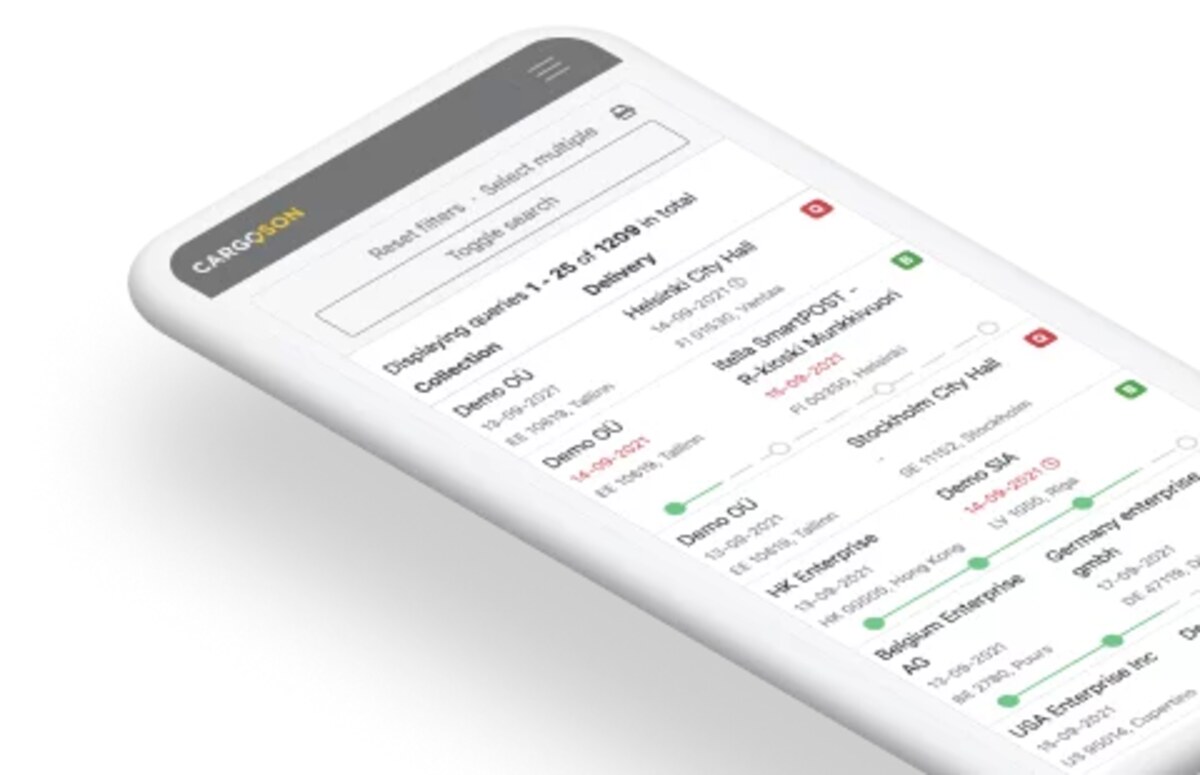Cargoson mobile shipment list showing collection and delivery queries for customers including Helsinki City Hall, Stockholm City Hall and USA Enterprise Inc, out of 1,209 total shipments