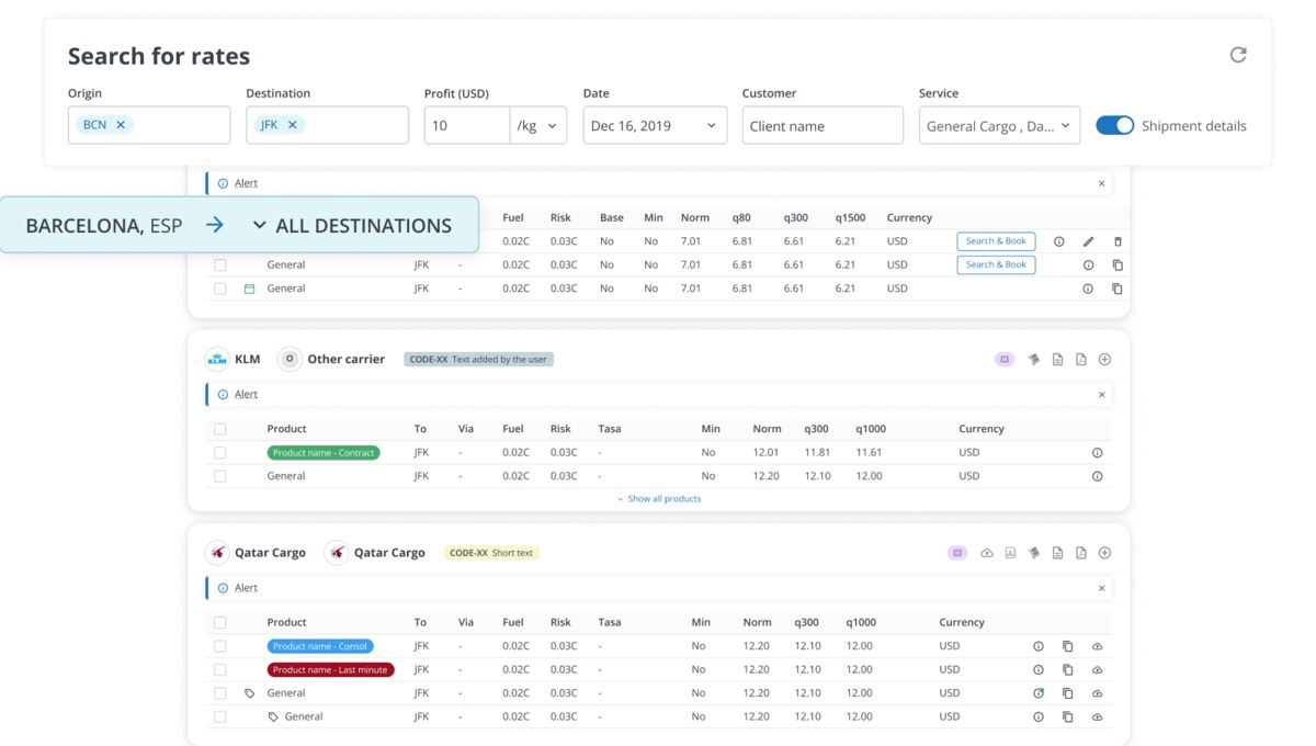 Freightos WebCargo rate search screen for a Barcelona to JFK air shipment listing carrier rate tables for KLM and Qatar Cargo with fuel, risk and minimum charge columns