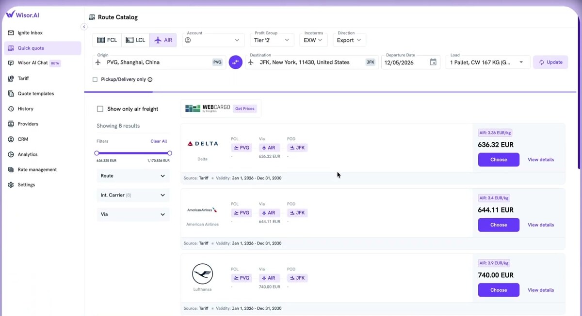 Wisor.ai Quick Quote route catalog comparing live air freight rates from Delta, American Airlines and Lufthansa for a Shanghai to New York shipment, each result card showing per-kilo and total price in euros with choose and view-details buttons
