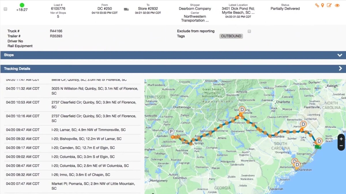 FourKites load-tracking view with a live route map across the Carolinas, a timestamped tracking event log, and shipment status details