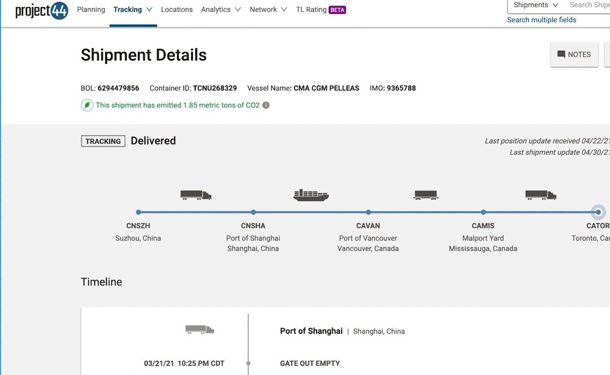project44 shipment details page tracking a container multimodally from Shanghai to Toronto with a stop-by-stop timeline and CO2 emissions