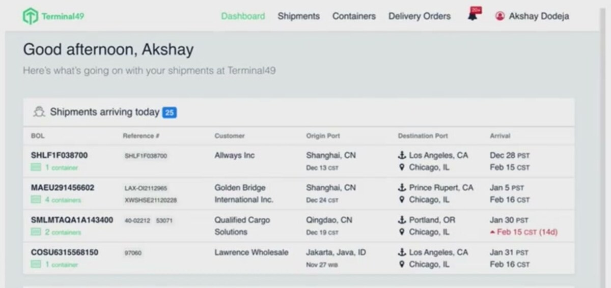 Terminal49 dashboard listing shipments arriving today with origin and destination ports, arrival dates, and a highlighted ETA delay