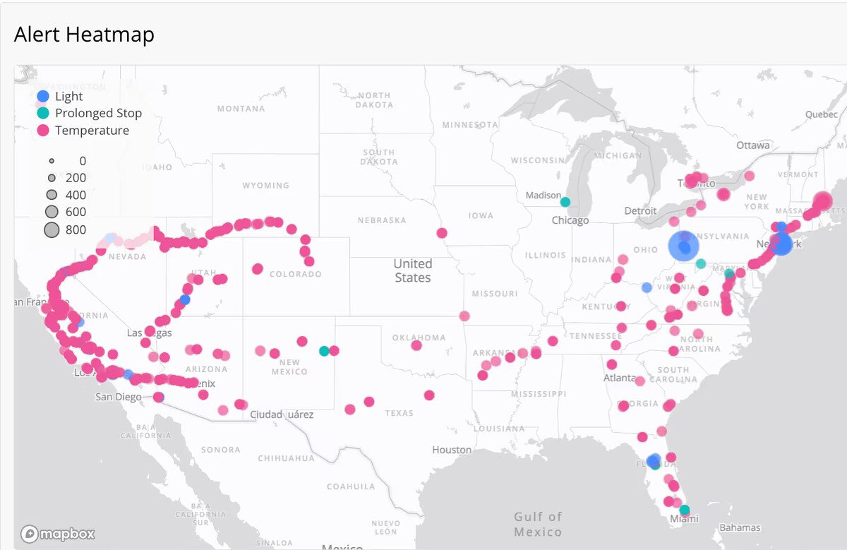 Tive Alert Heatmap showing Light, Prolonged Stop and Temperature alerts plotted on a US map with clusters across California, the Southwest and the Northeast corridor