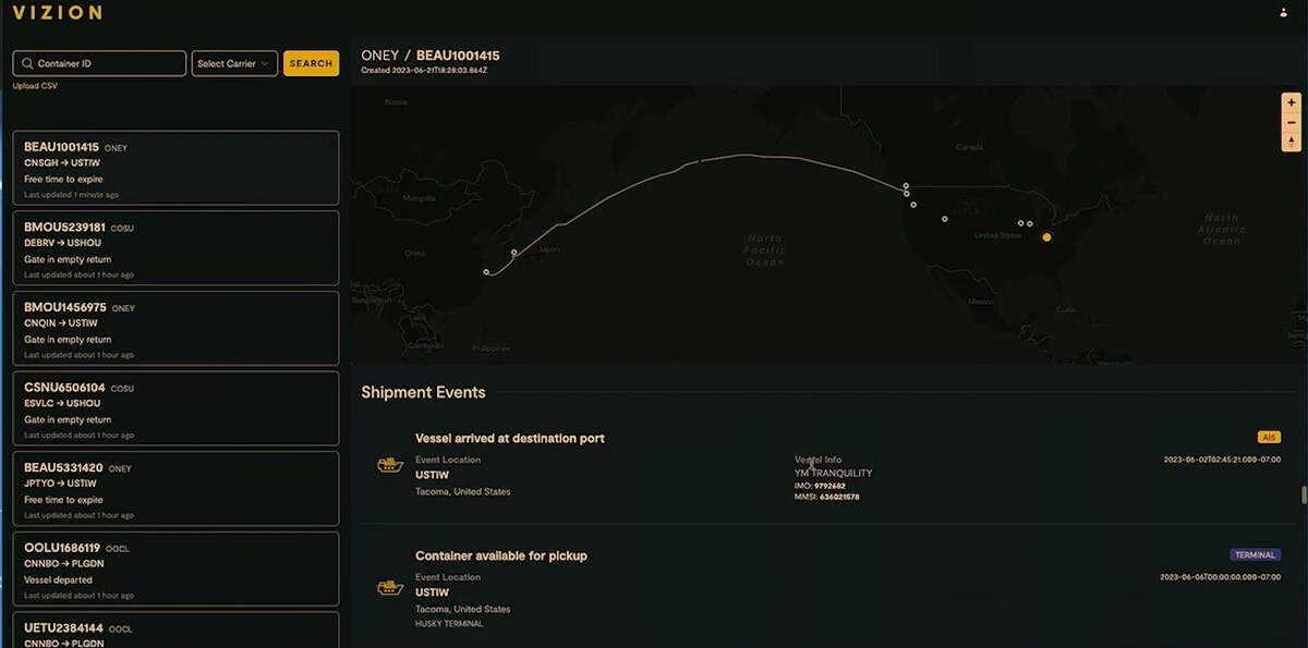 Vizion container tracking console showing a container list, an ocean route map from Asia to the US West Coast, and event-level milestones tagged by data source