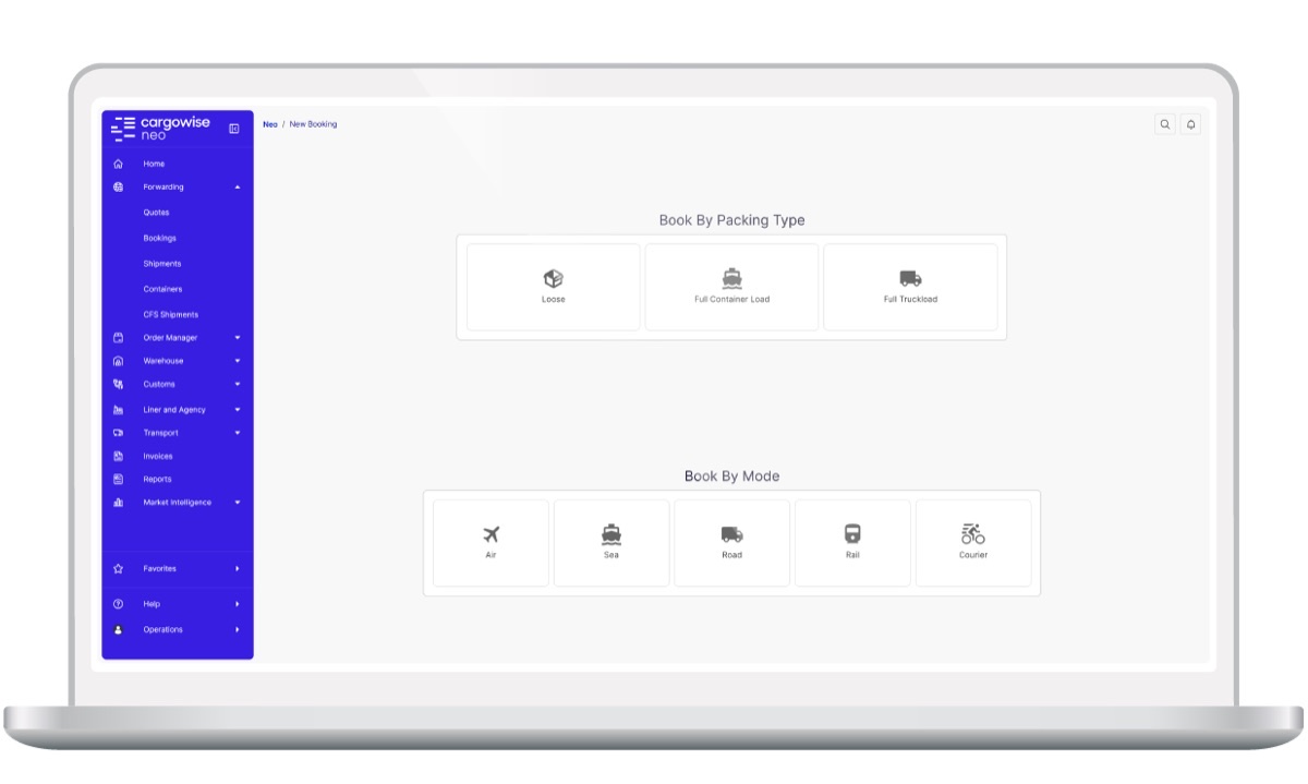 CargoWise Neo New Booking screen with Book By Packing Type options for loose, full container load, and full truckload, and Book By Mode options for air, sea, road, rail, and courier