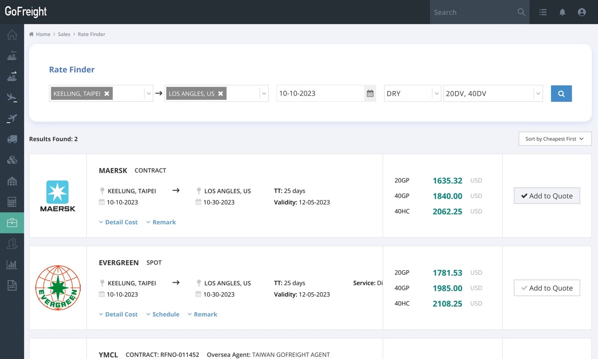 GoFreight Rate Finder screen showing a Keelung to Los Angeles ocean rate search with Maersk and Evergreen contract and spot rate results, transit time, and validity dates